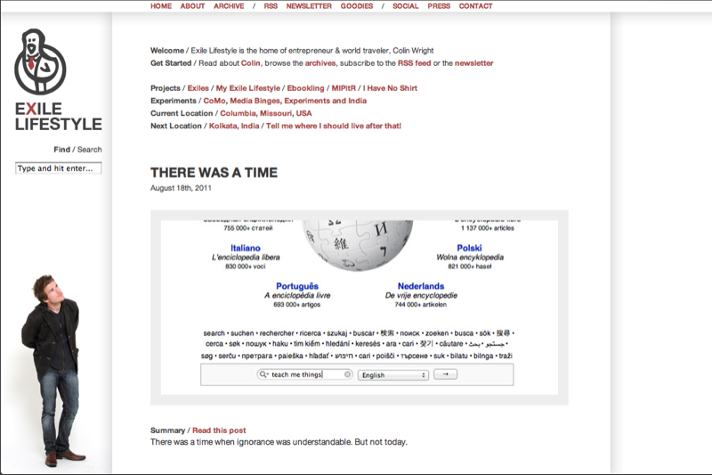 Early Exile Lifestyle website showing its navigation, bird logo, and a blog post
