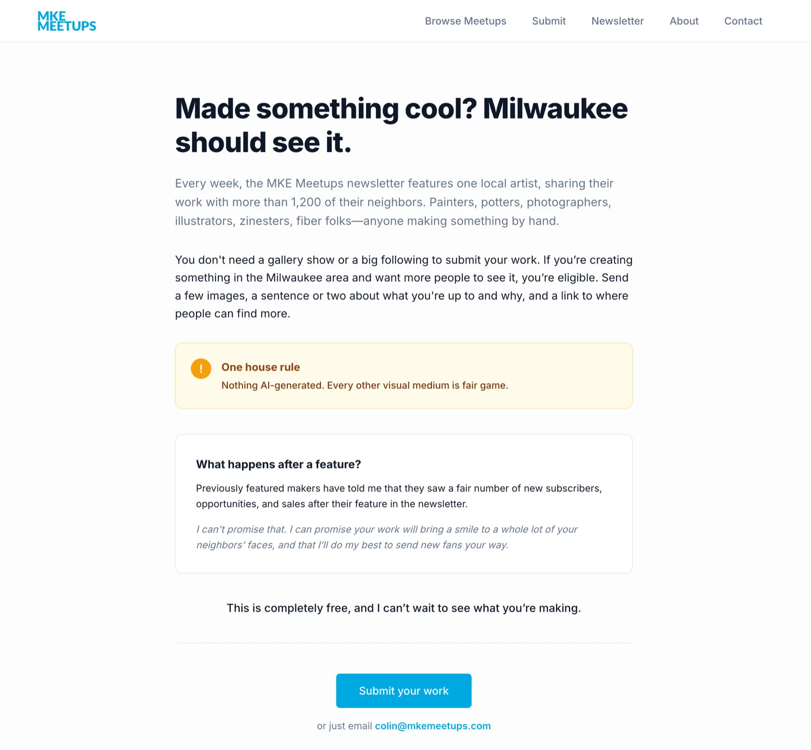 The featured-artist call in MKE Meetups styling: the invitation headline, the reassurance that any maker is eligible, and the one no-AI house rule.