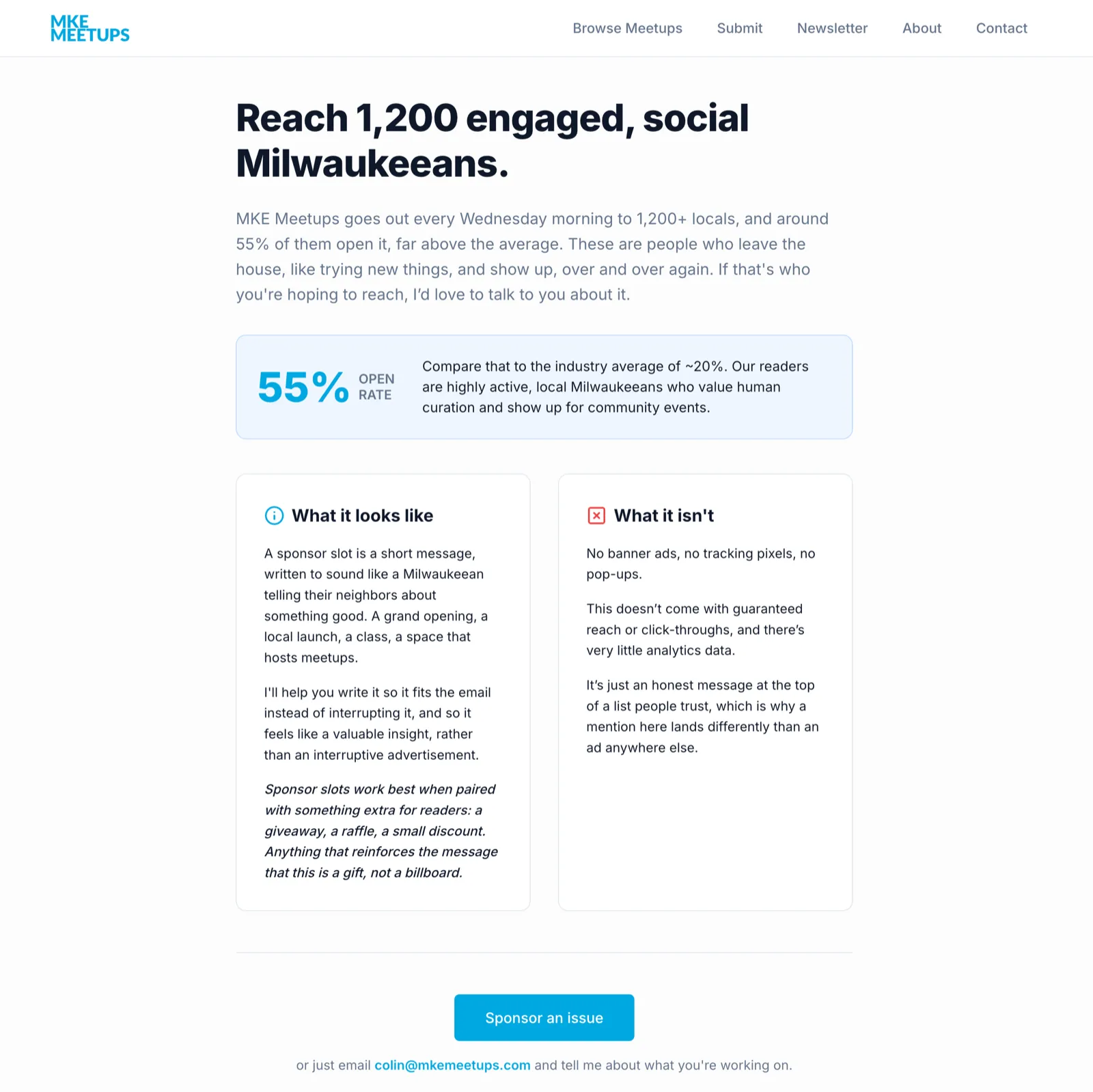 The sponsor pitch as a one-page sheet in MKE Meetups styling: the audience headline, what a sponsorship looks like, and an honest list of what it isn’t.