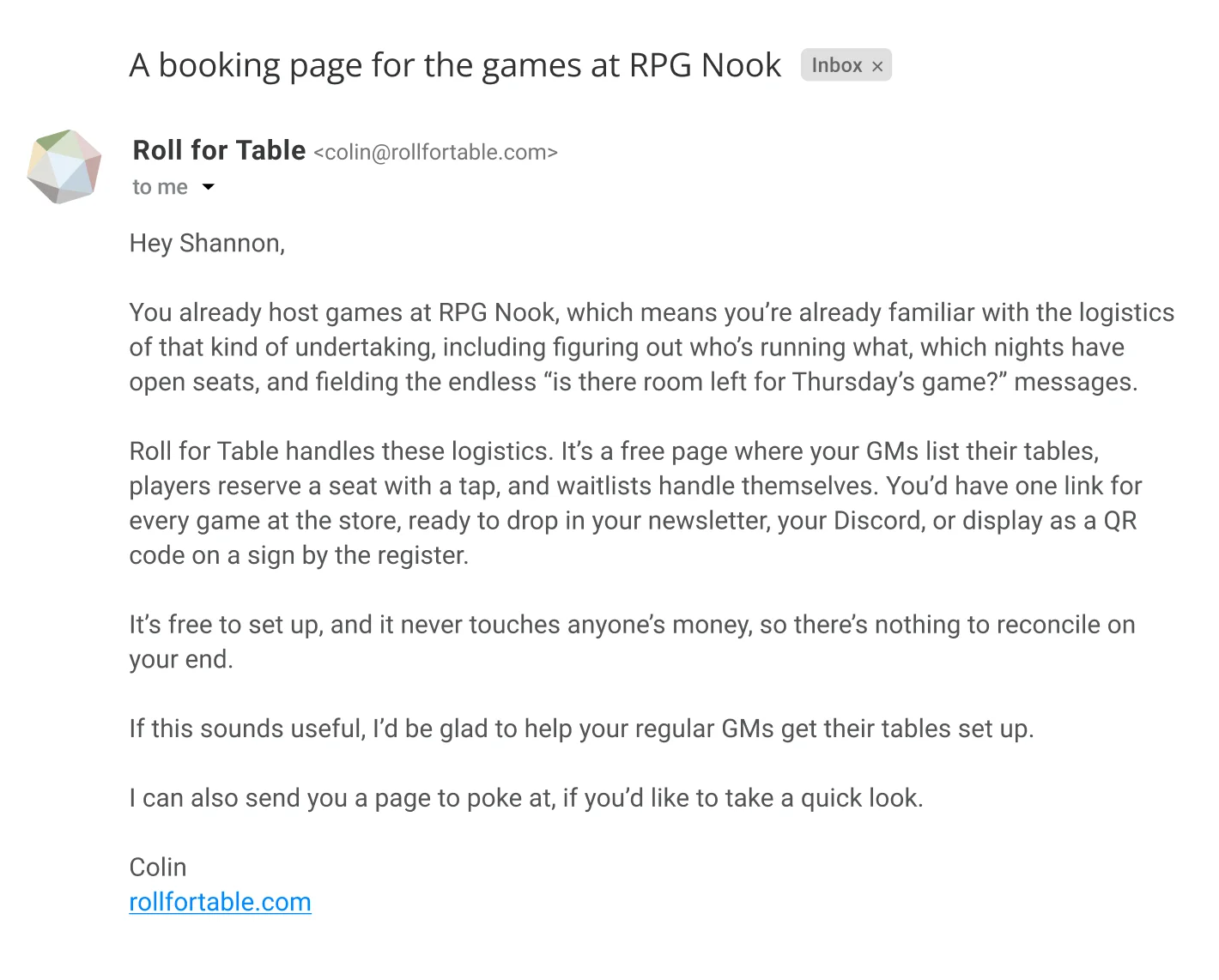 The cold outreach email in an inbox frame, addressed to a stand-in game store, the subject about a booking page for the store’s games.