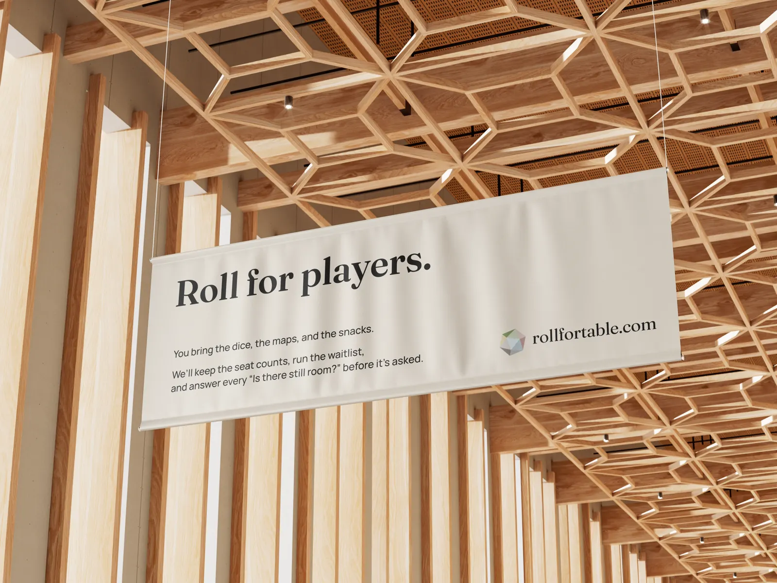 The “Roll for players.” convention banner as a tall hanging banner in a hall, the insider line and rollfortable.com below the headline.