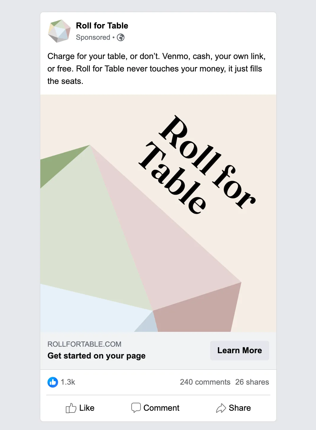 The money-question Meta ad in a feed frame: the charge-or-don’t copy above a Roll for Table brand image, with a Learn More button.