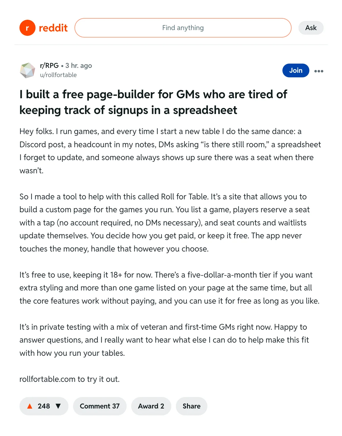 The community launch as an r/RPG self-post: the spreadsheet-weary title, the first-person body, and Reddit’s upvote and comment controls.