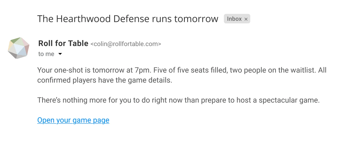 The game-tomorrow email: subject “The Hearthwood Defense runs tomorrow,” five of five seats filled with two on the waitlist.