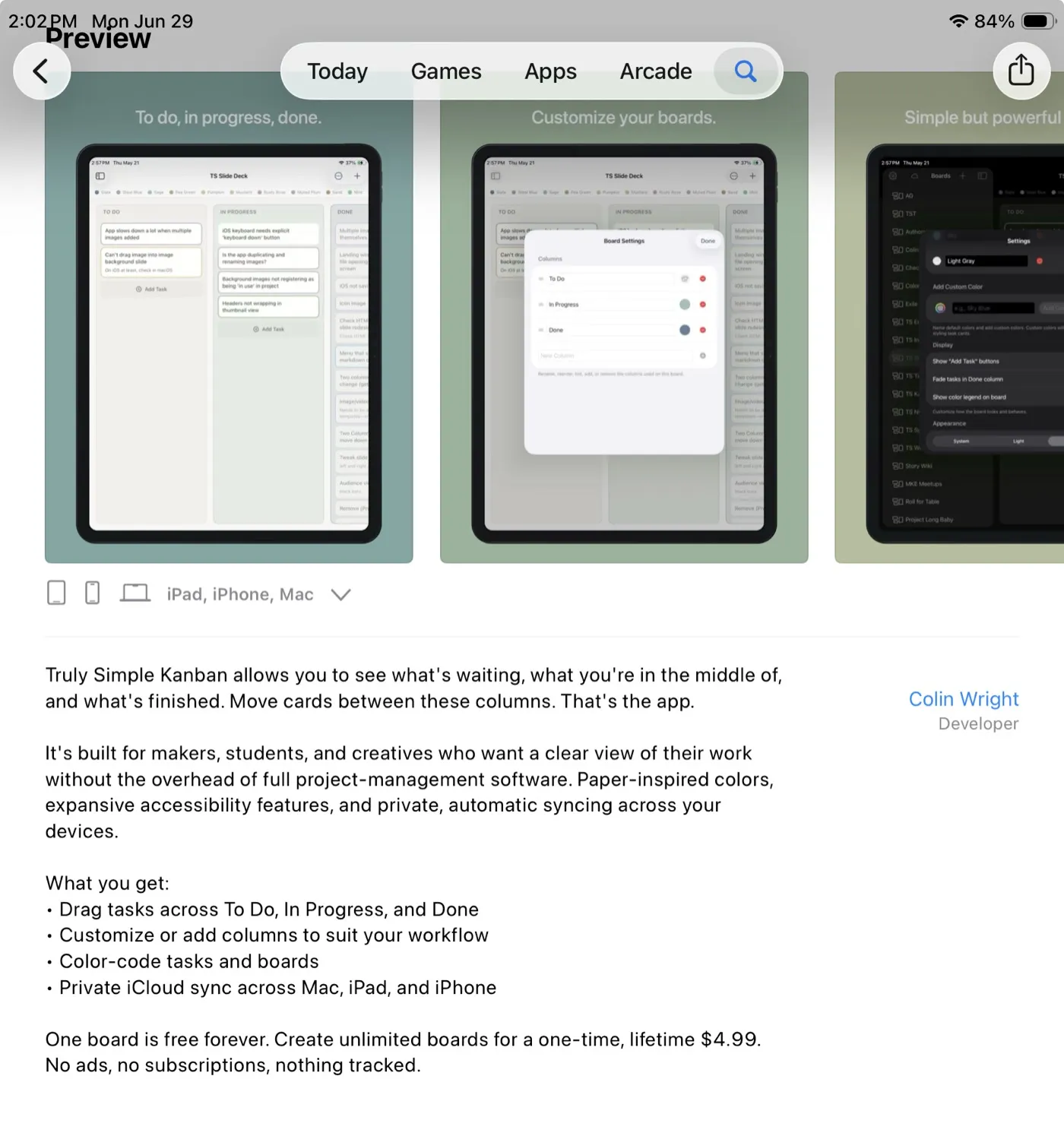 The Truly Simple Kanban App Store listing in a product-page frame, with a 5.0 rating, screenshots, and the full description.