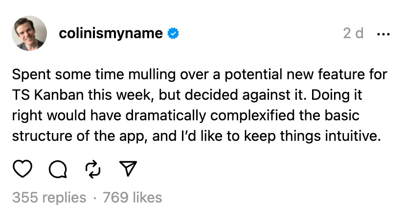 The Truly Simple Kanban restraint post as published, on deciding against a new feature, with replies and likes counts.