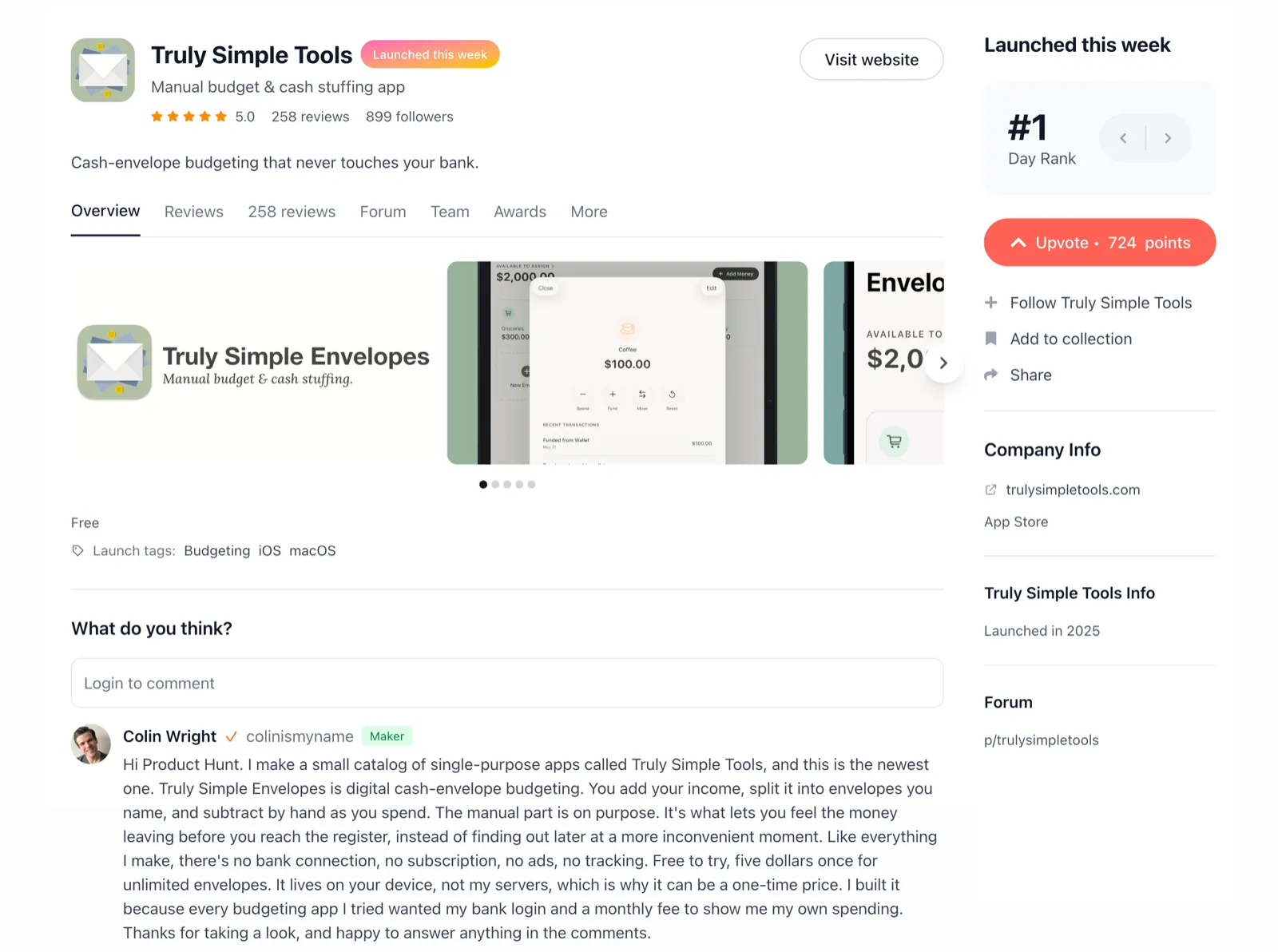 The Truly Simple Envelopes launch in a Product Hunt product-page frame, showing the tagline, screenshots, day rank, and the maker’s first comment.