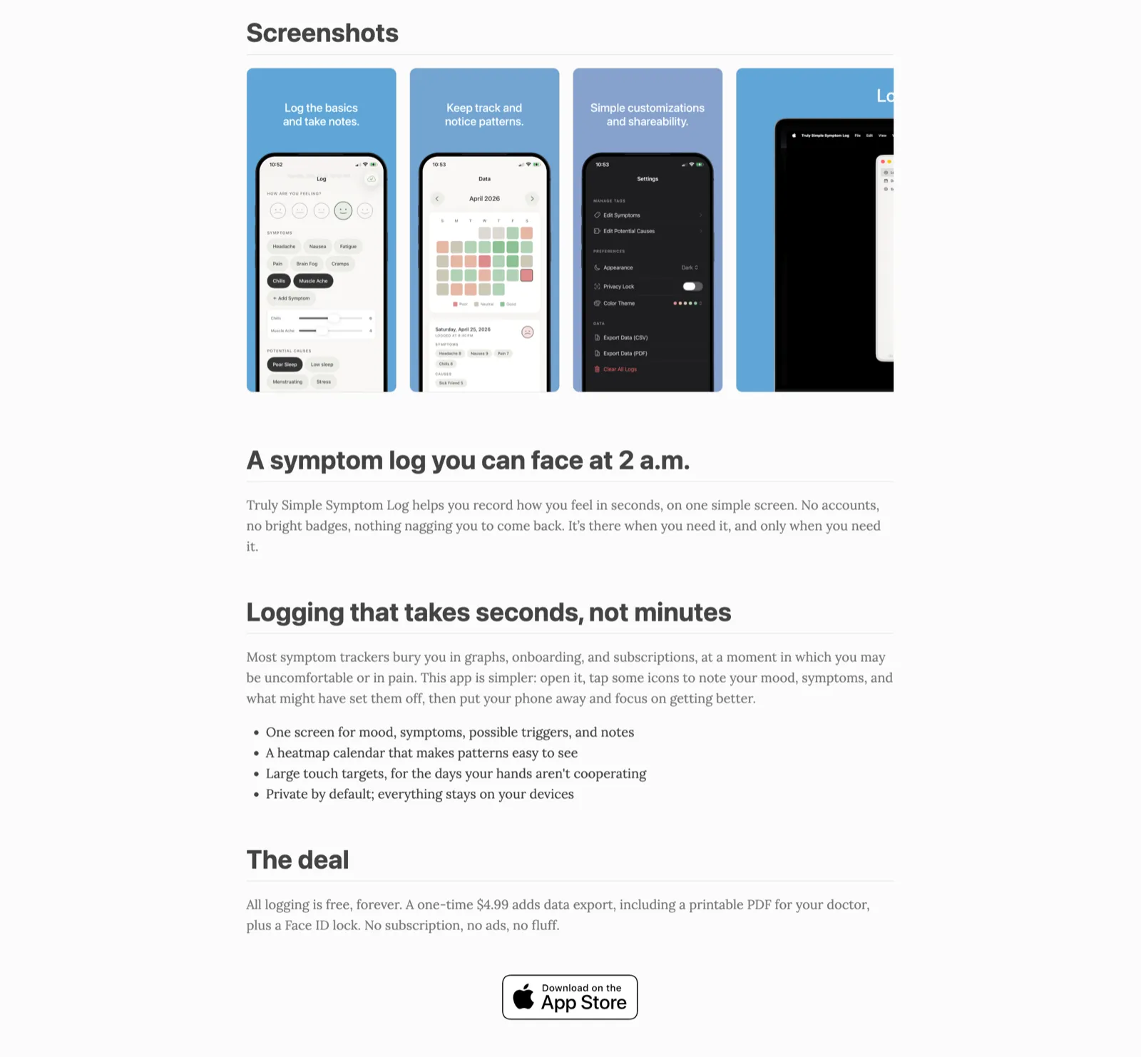 The live Truly Simple Symptom Log landing page: app screenshots, the 2 a.m. headline, the feature list, and the pricing line, captured from the real page.